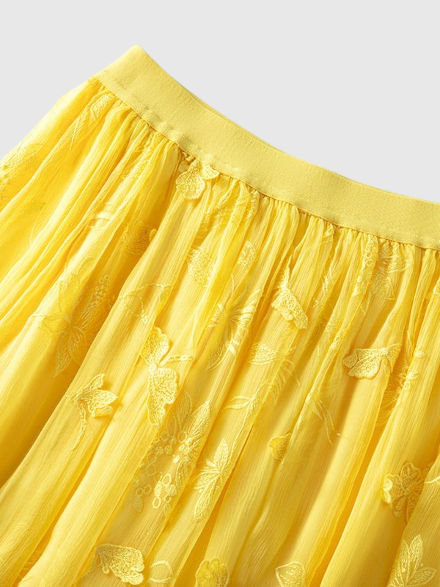 Catherine Martin yellow silk chiffon midi skirt with delicate butterfly and floral embroidery and elastic waistband