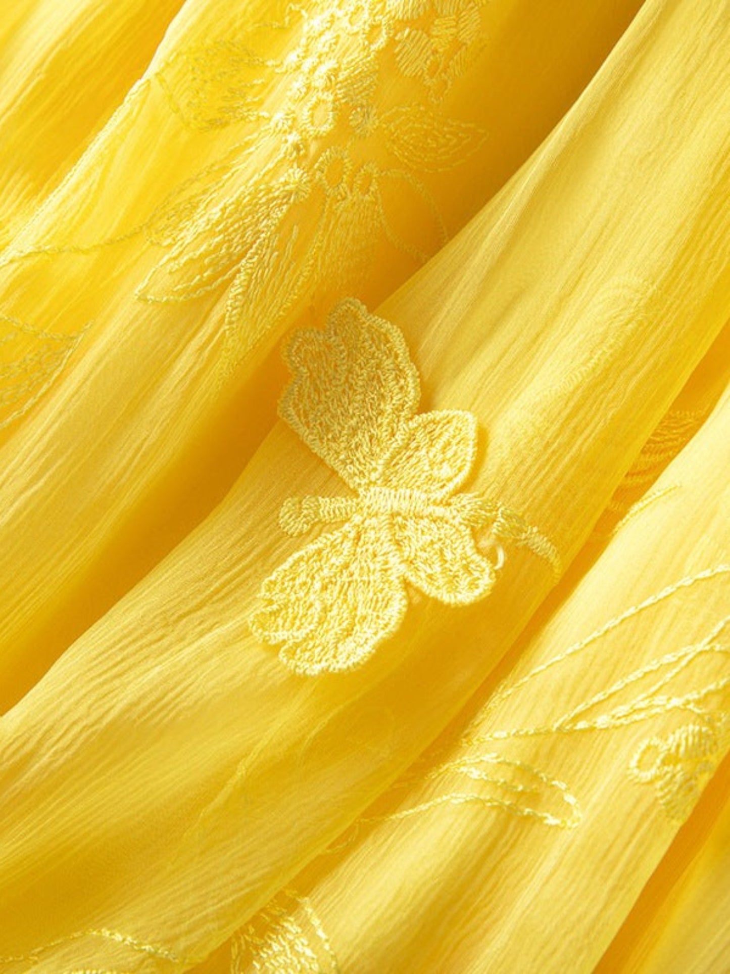 Catherine Martin yellow silk chiffon midi skirt with delicate embroidered butterfly and floral pattern detail