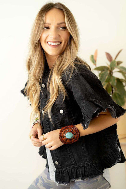 Black Denim Jacket Ruffle Sleeve - Catherine Martin