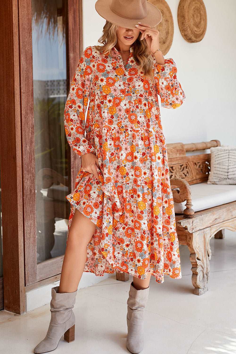 Multicolor Boho Floral Collared Long Sleeve Dress - Catherine Martin