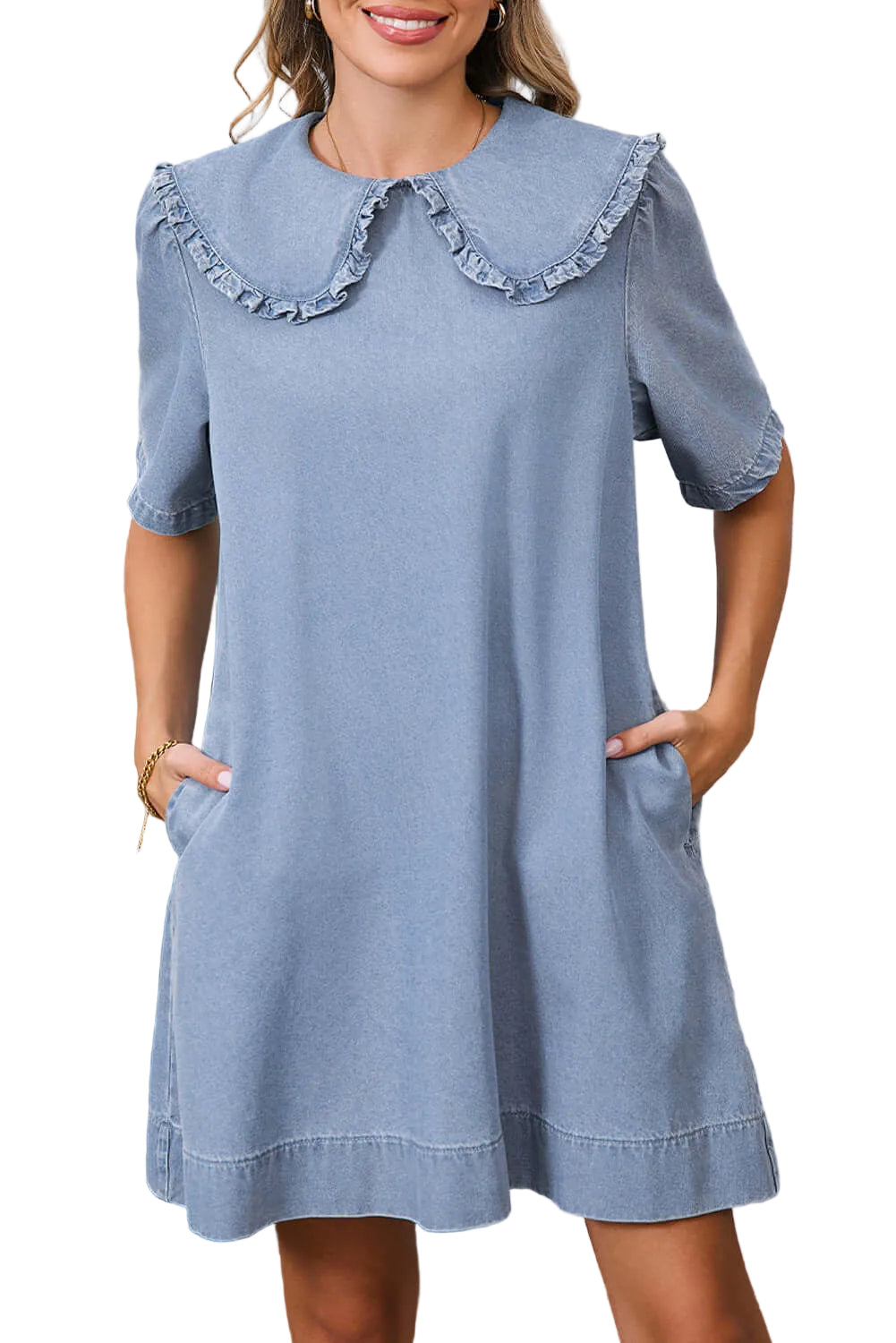 Peter Pan Collar Short Sleeve Denim Dress Light Blue / S Peter Pan Collar Short Sleeve Denim Dress Light Blue / S