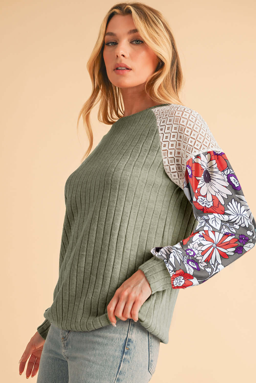 Floral Sleeve Waffle Knit Pullover - Catherine Martin