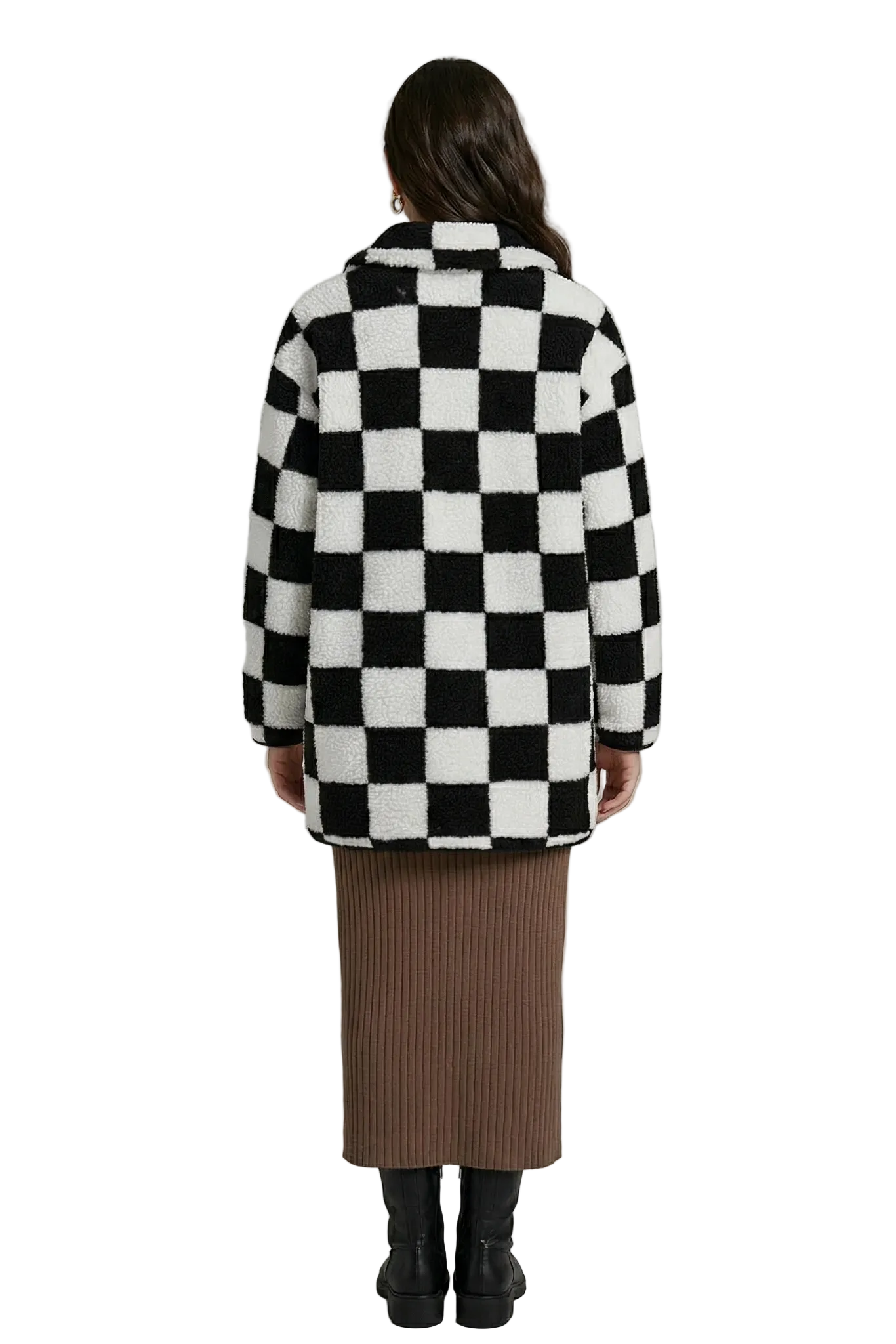 Rear view of a model wearing a black and white checkerboard teddy fleece coat, showcasing the mid-length hem and structured plaid pattern alignment.