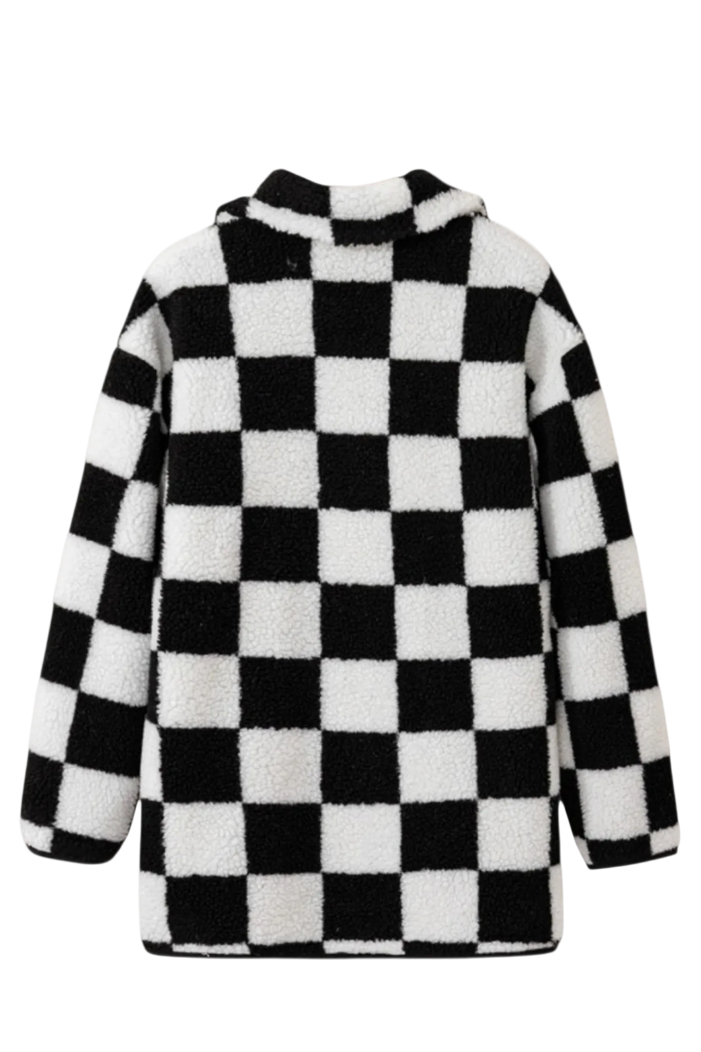 Professional back view of the 100% polyester teddy fleece coat in a bold monochrome checkerboard print.