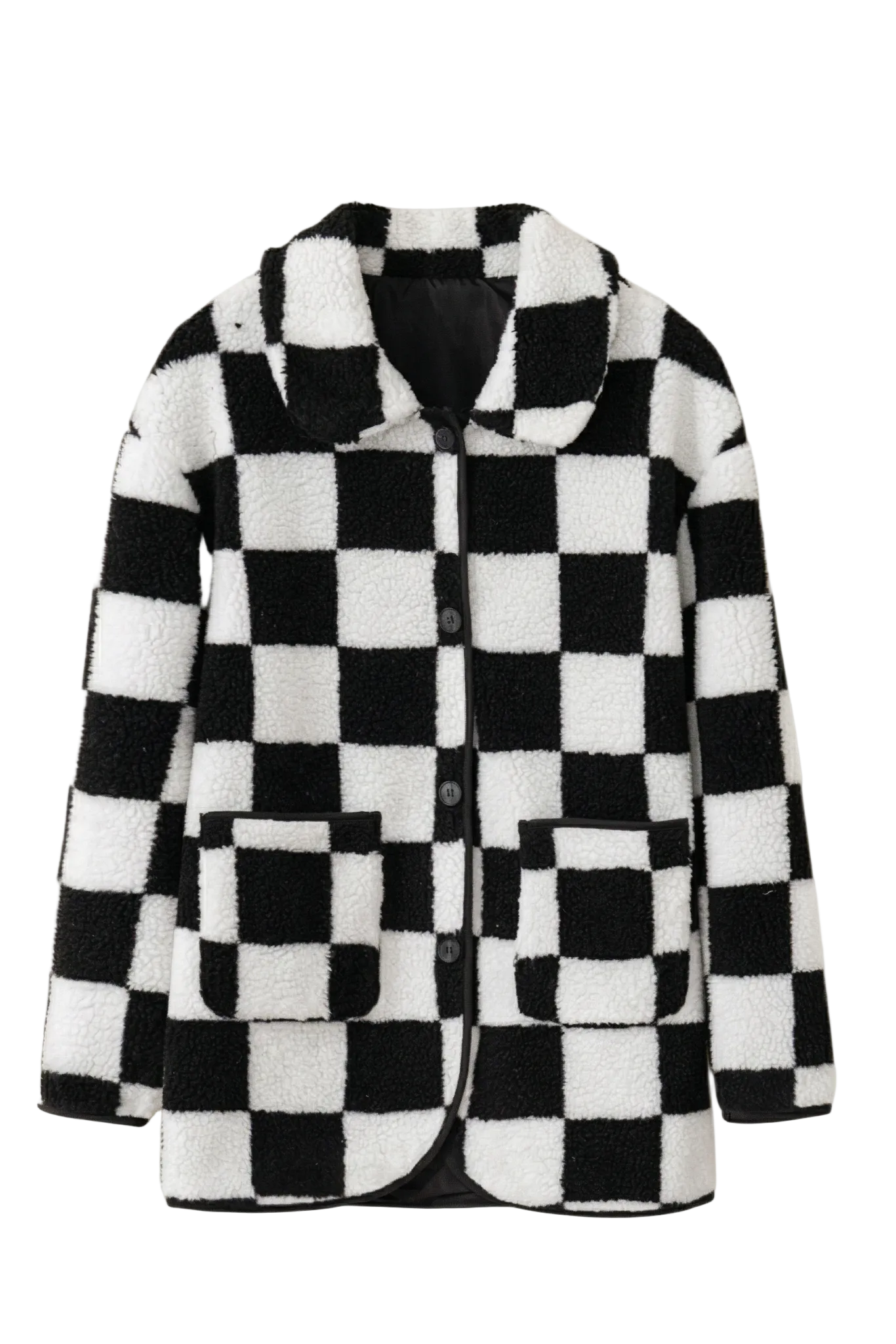 Professional front flat lay of the button-down checkerboard coat, showing the black contrast piping and functional front pockets.