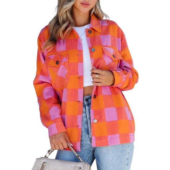 Close-up of the checkered button-down shacket, emphasizing the vibrant woven texture, contrast buttons, and structured turn-down collar.