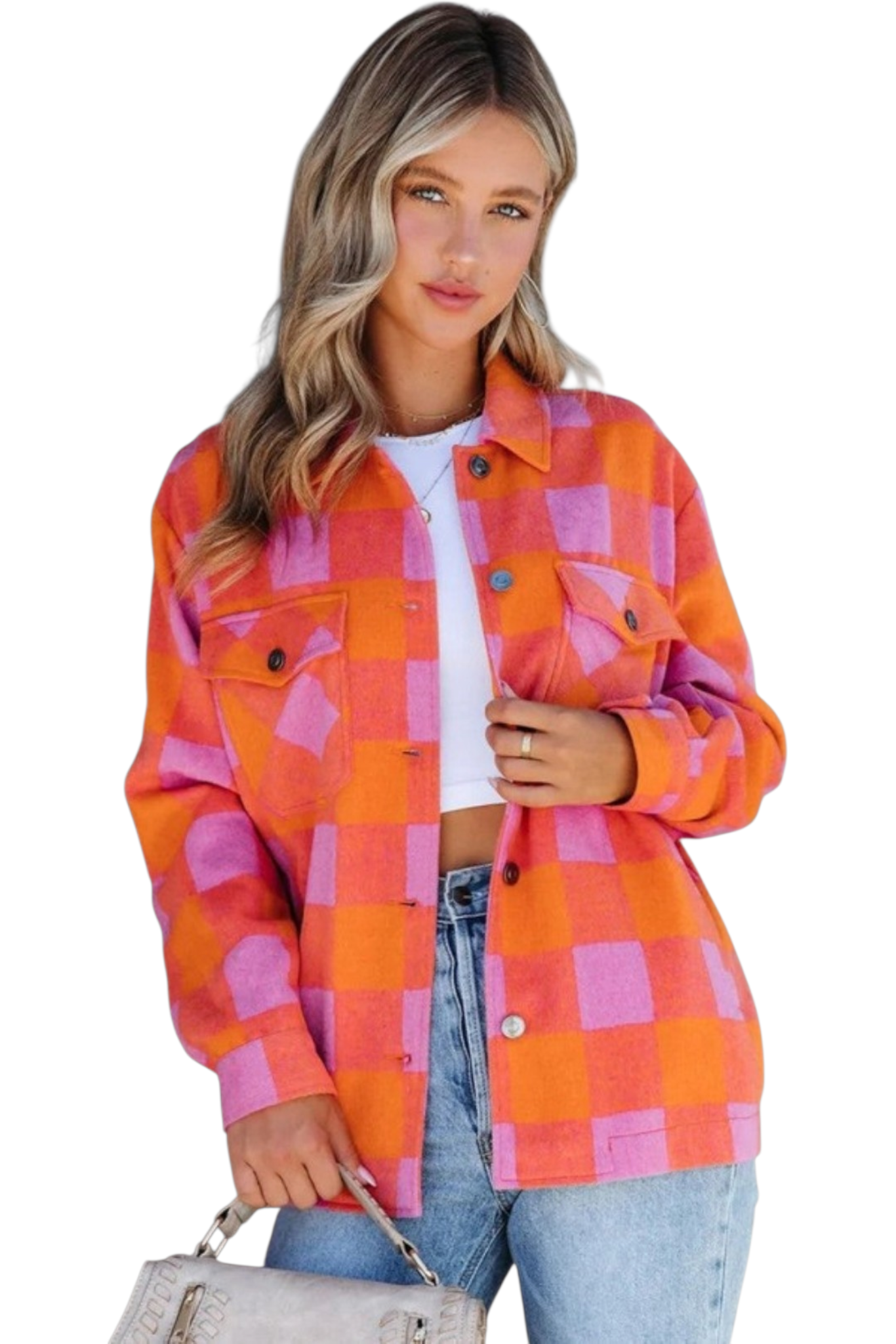 A front-facing studio shot of the orange and pink plaid shacket featuring a button-up front, classic collar, and oversized chest pockets.