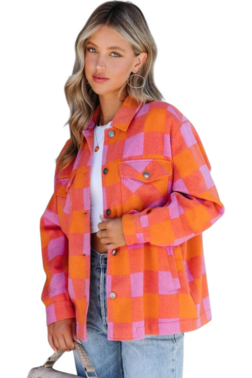 Side profile of the oversized checkered shacket, illustrating the hip-length hemline and spacious sleeves perfect for layering.