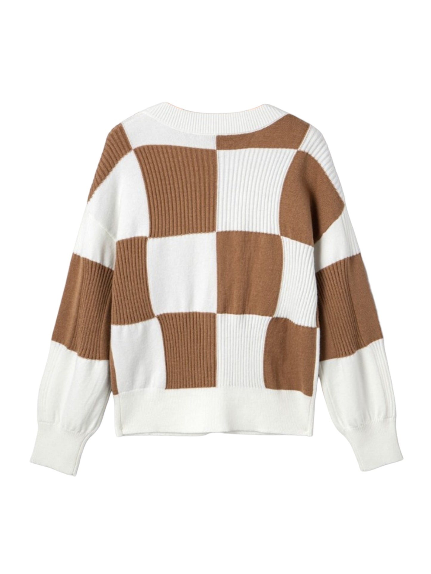 A long-sleeve knit sweater with a large checkered pattern in brown and white, featuring ribbed panels and ribbed cuffs and hem, shown against a plain white background.