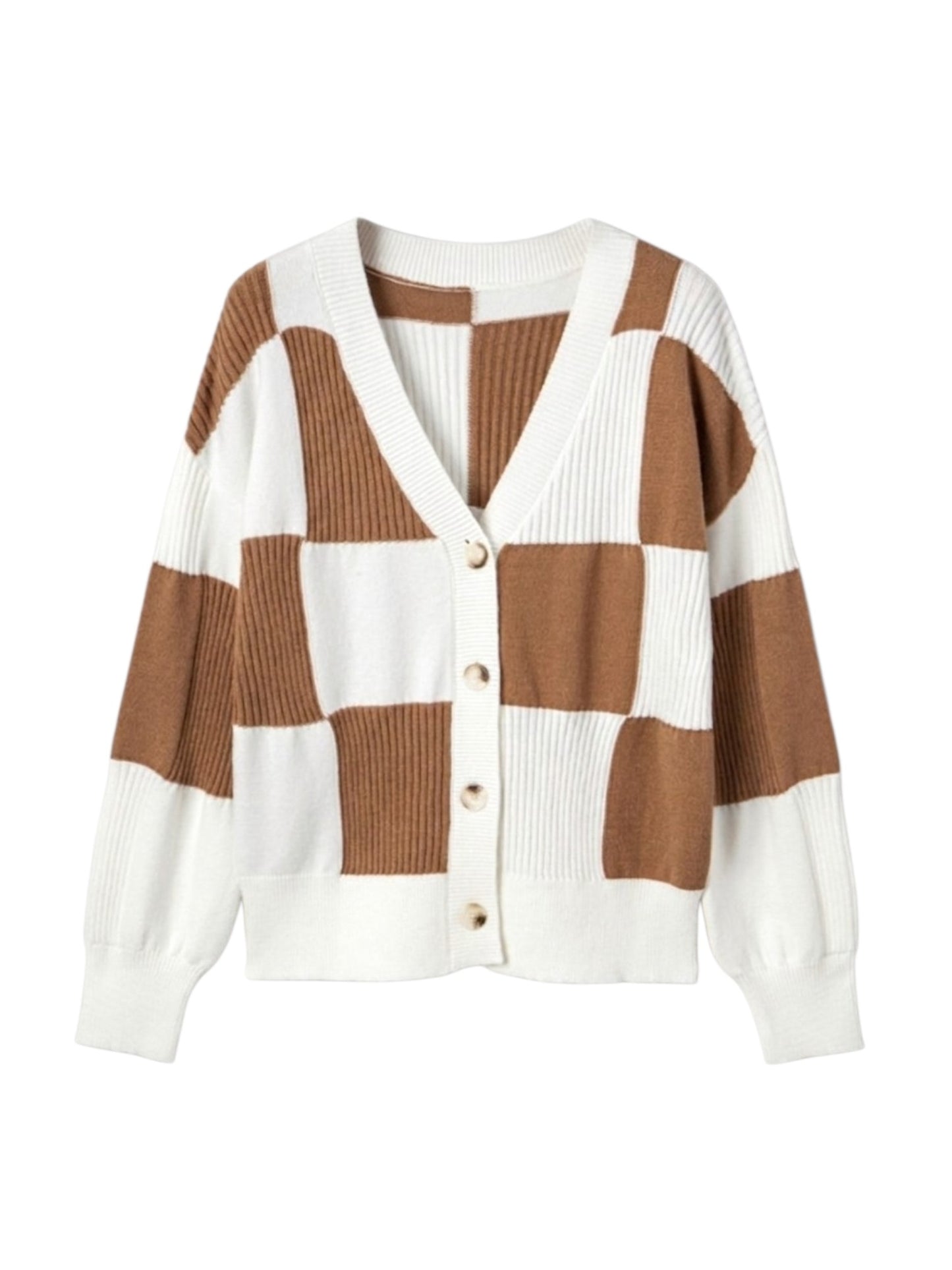 A women's long-sleeve knit cardigan featuring a brown and off-white checkerboard pattern with ribbed panels and a button-up front.