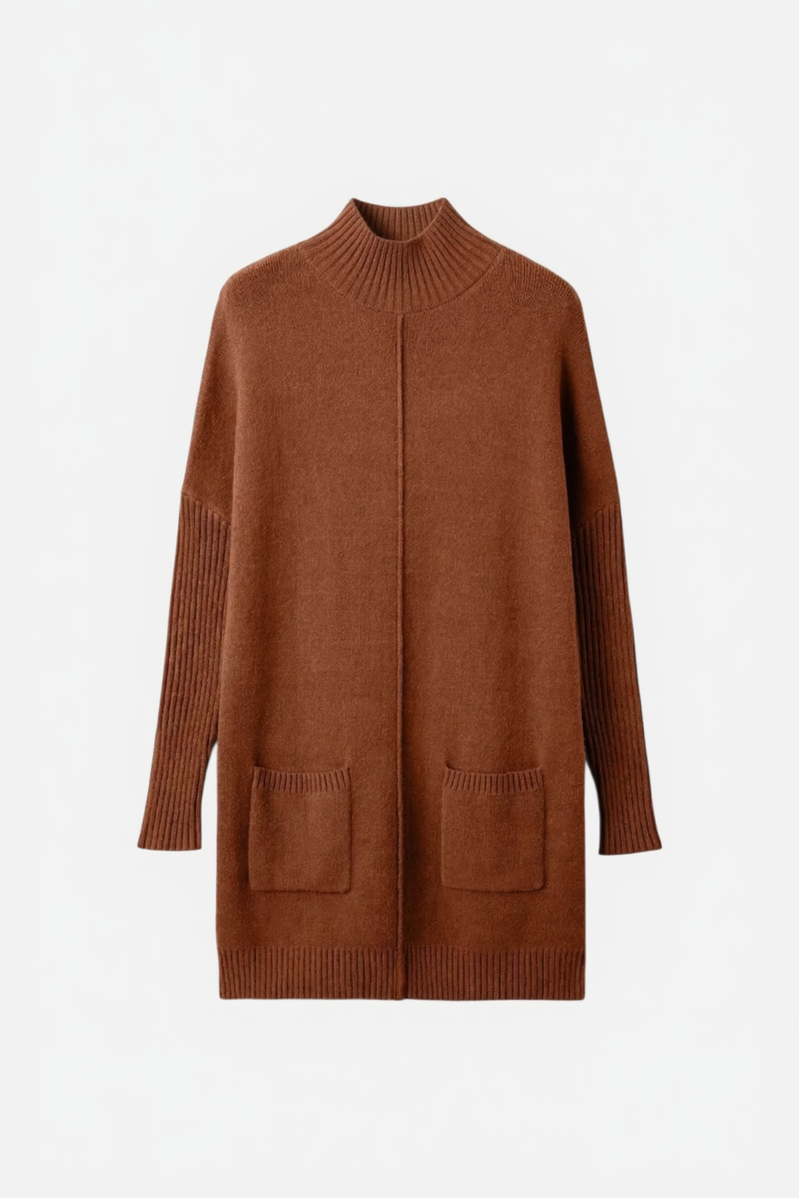 Front view of a chestnut knit sweater dress against a neutral background, showing the high neckline and ribbed texture on the cuffs and hem.