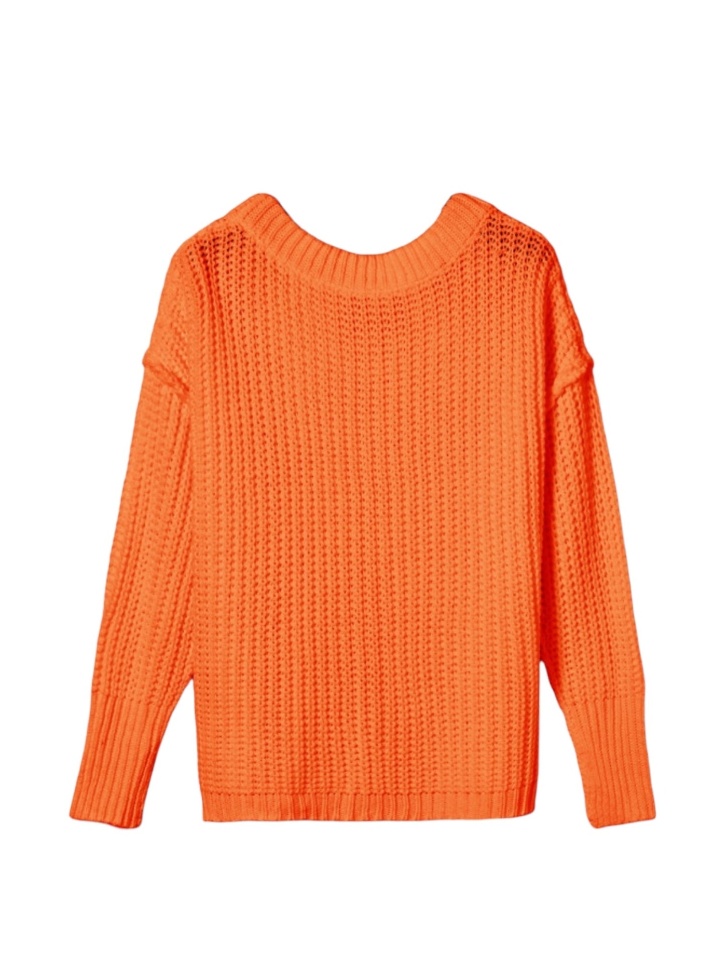 Bright orange textured knit sweater with a crew neck and long sleeves, shown flat against a plain white background.