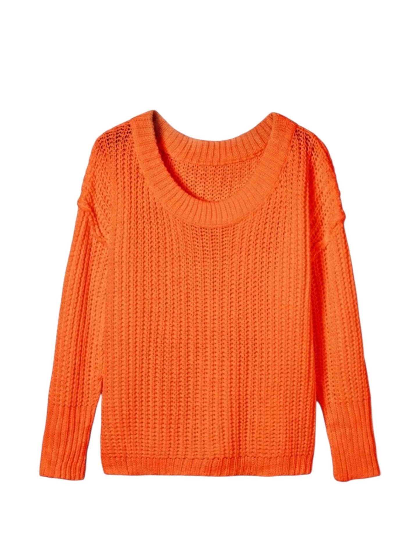 Bright orange textured knit sweater with a wide crew neck and long sleeves, shown flat against a plain white background.