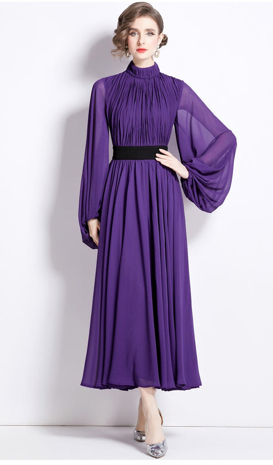 Cinched Waist Flowing Purple Chiffon Maxi Dress-0