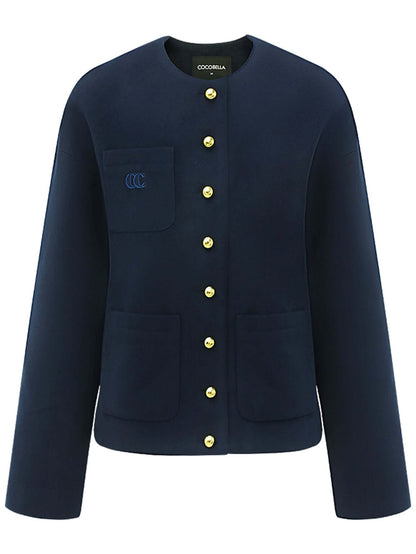 Classic Collarless Navy Woolen Jacket-3