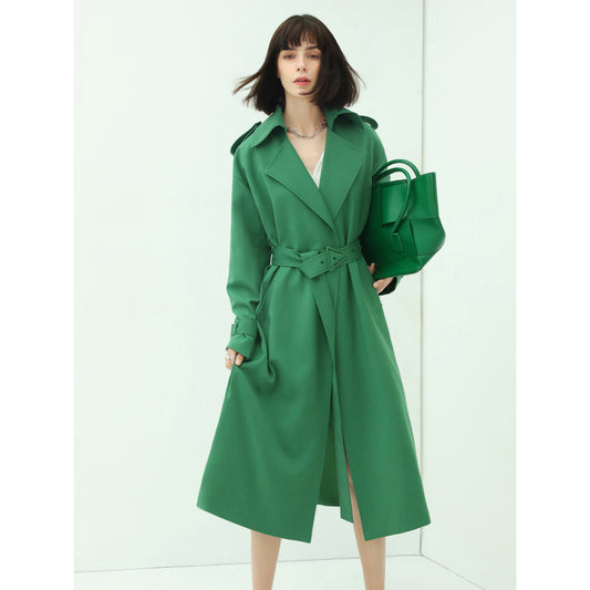 Classic Green Long Trench Coat with Buckle-0