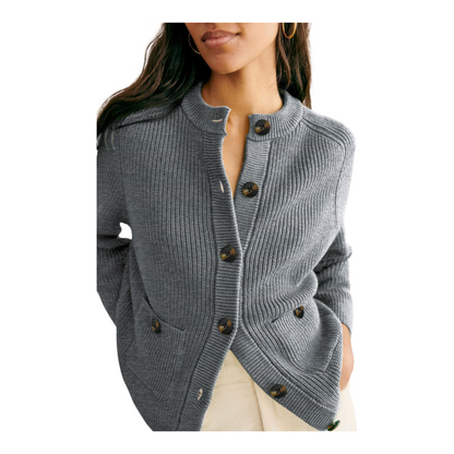 Gray cardigan with buttons worn by a person on a white background