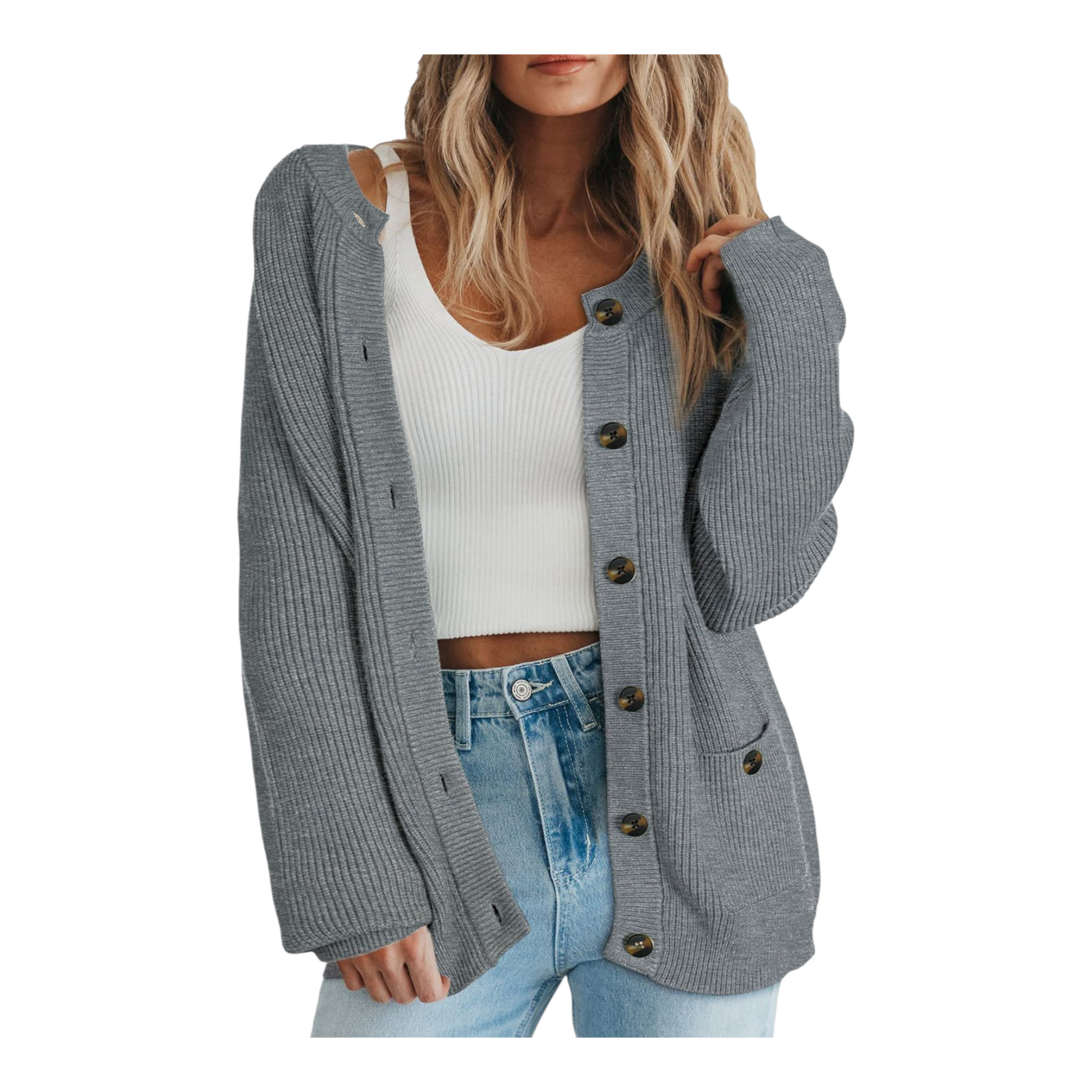 Woman wearing a gray cardigan with button details on a white background