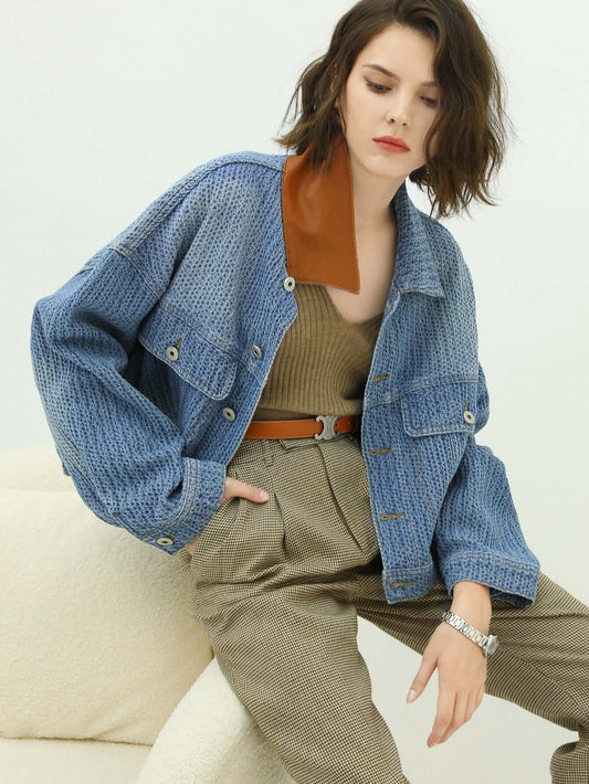Classic Simple Blue Patchwork Loose Fit Denim Jacket-0