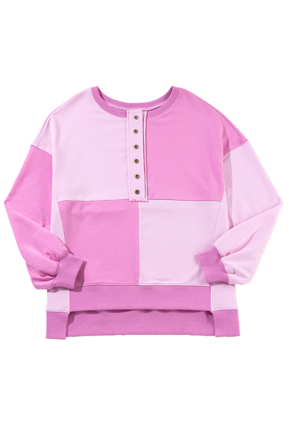 Pink and white long-sleeve shirt with button details on a white background
