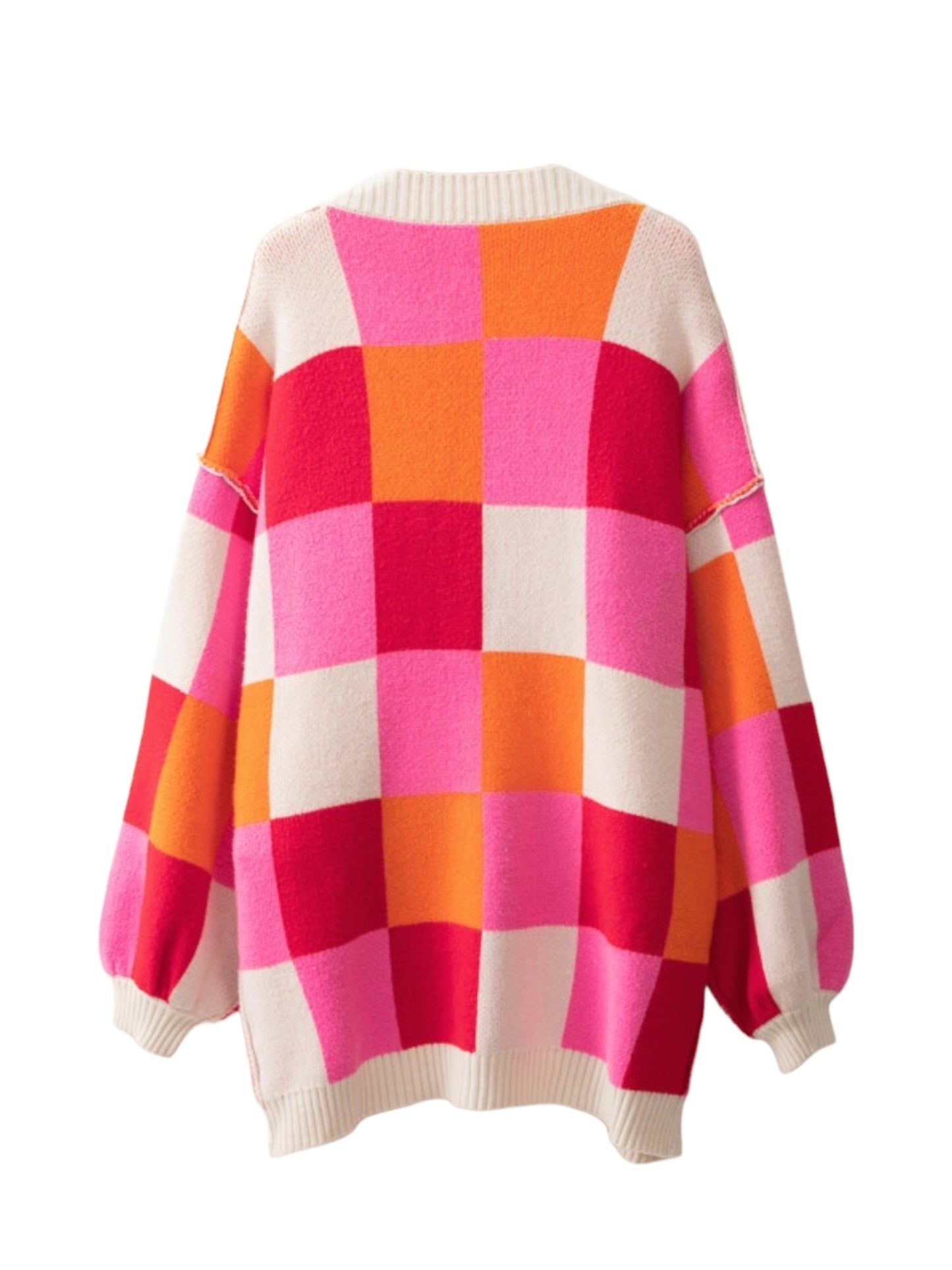 A long-sleeve knit sweater with a colorful checkered pattern in pink, orange, and cream, shown from the back against a plain white background.