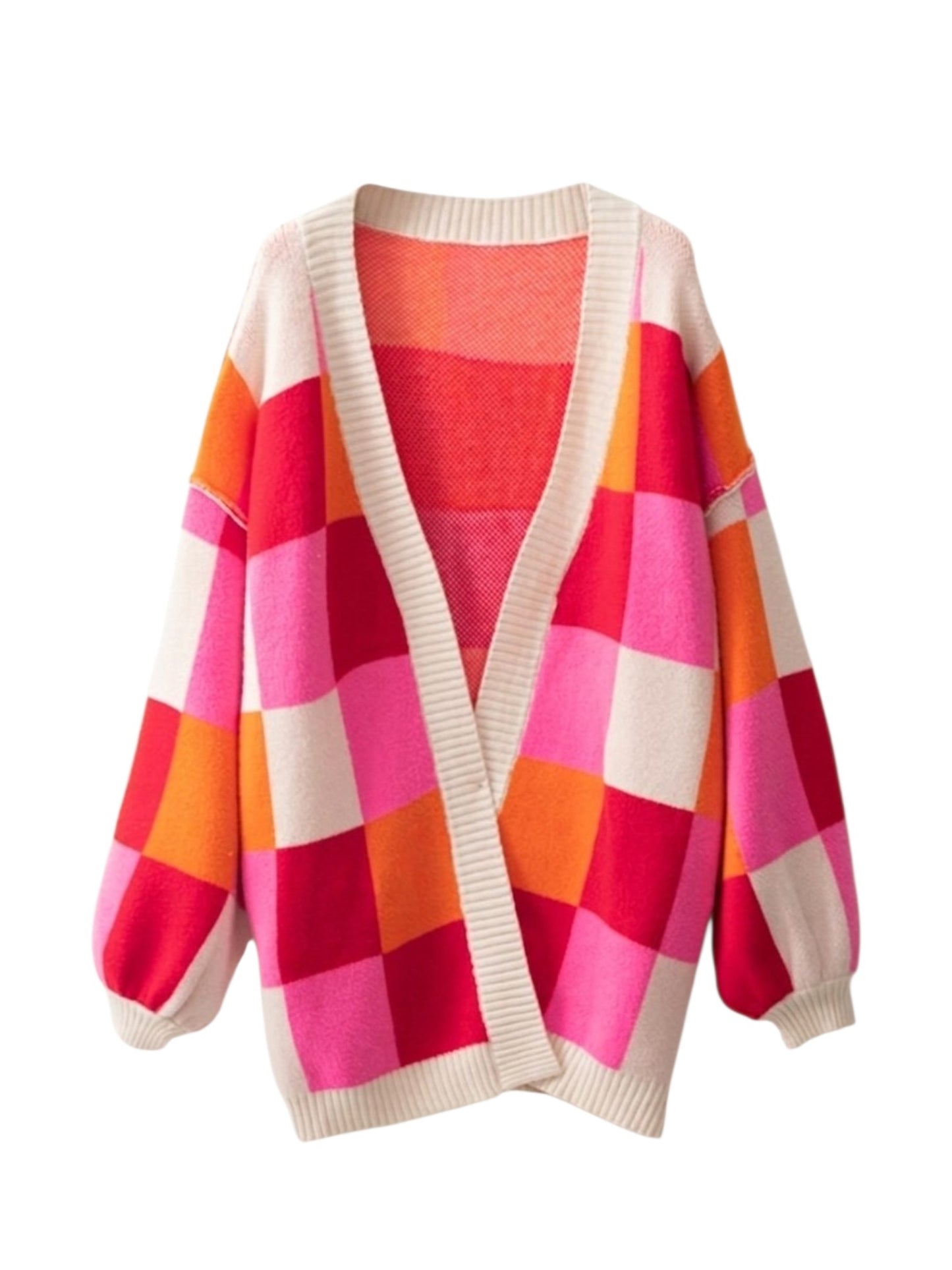 A colorful open-front knit cardigan sweater featuring a bold checkered pattern in pink, orange, red, and cream, with ribbed trim and balloon sleeves.