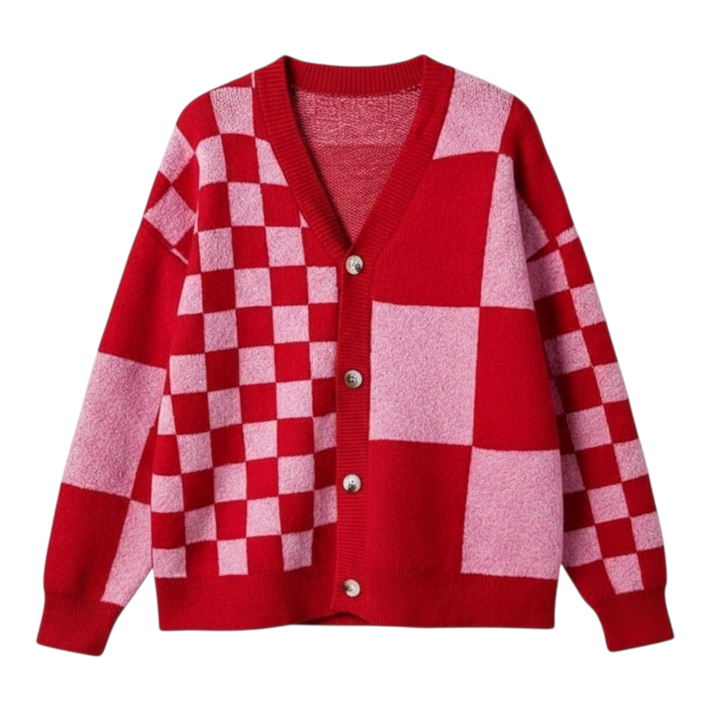 Red and pink checkered cardigan on a white background