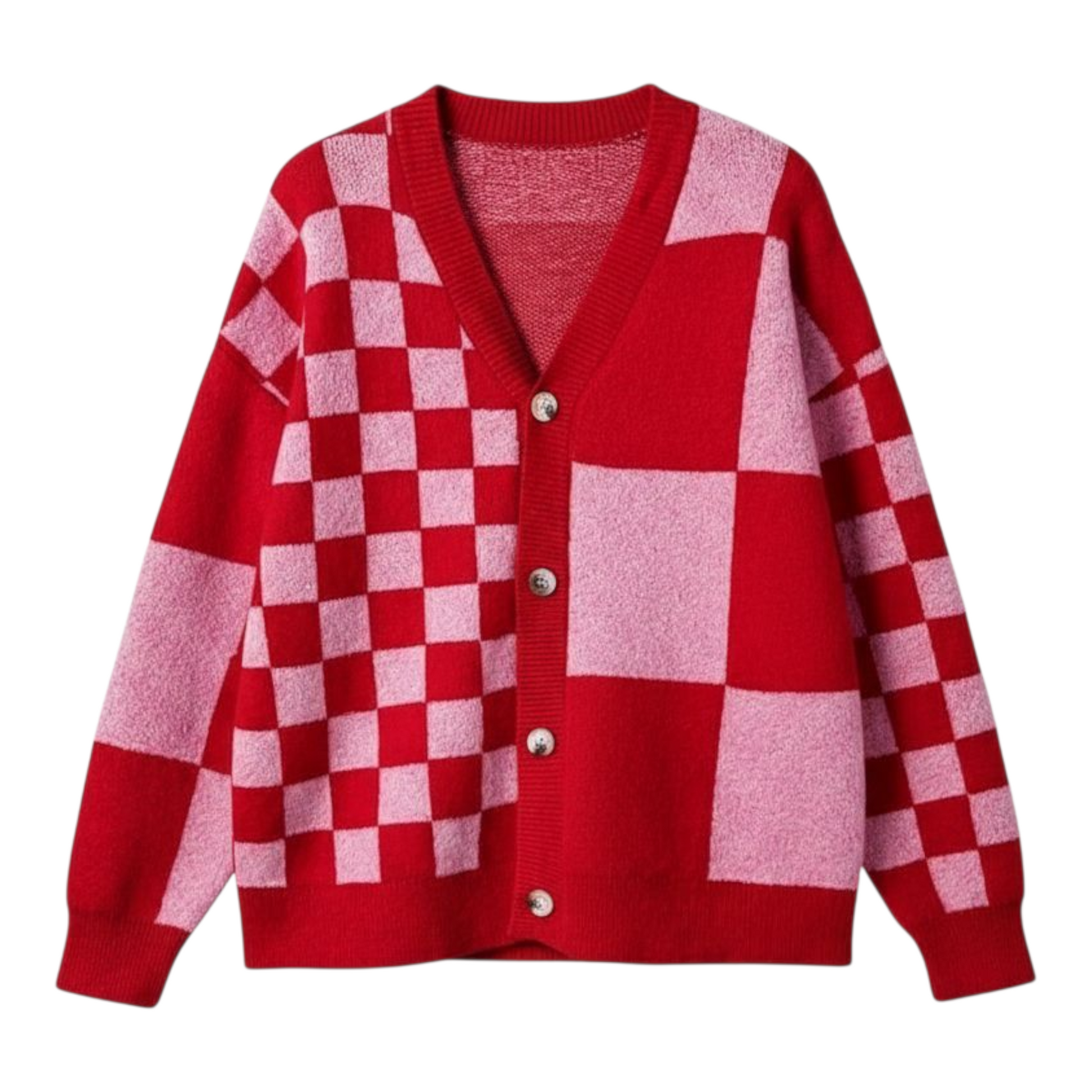 Red and pink checkered cardigan on a white background