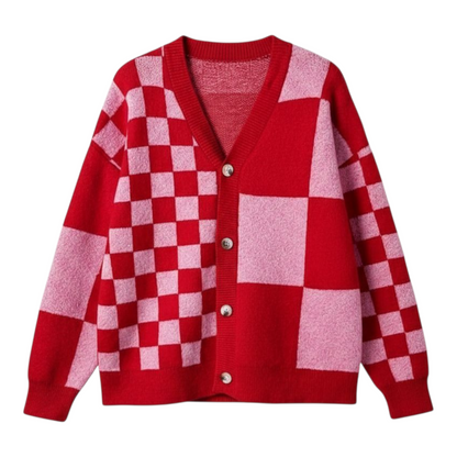 Red and pink checkered cardigan on a white background