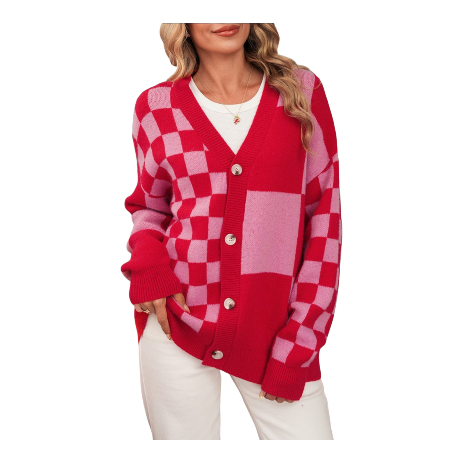 Red and pink checkered cardigan worn by a person on a white background