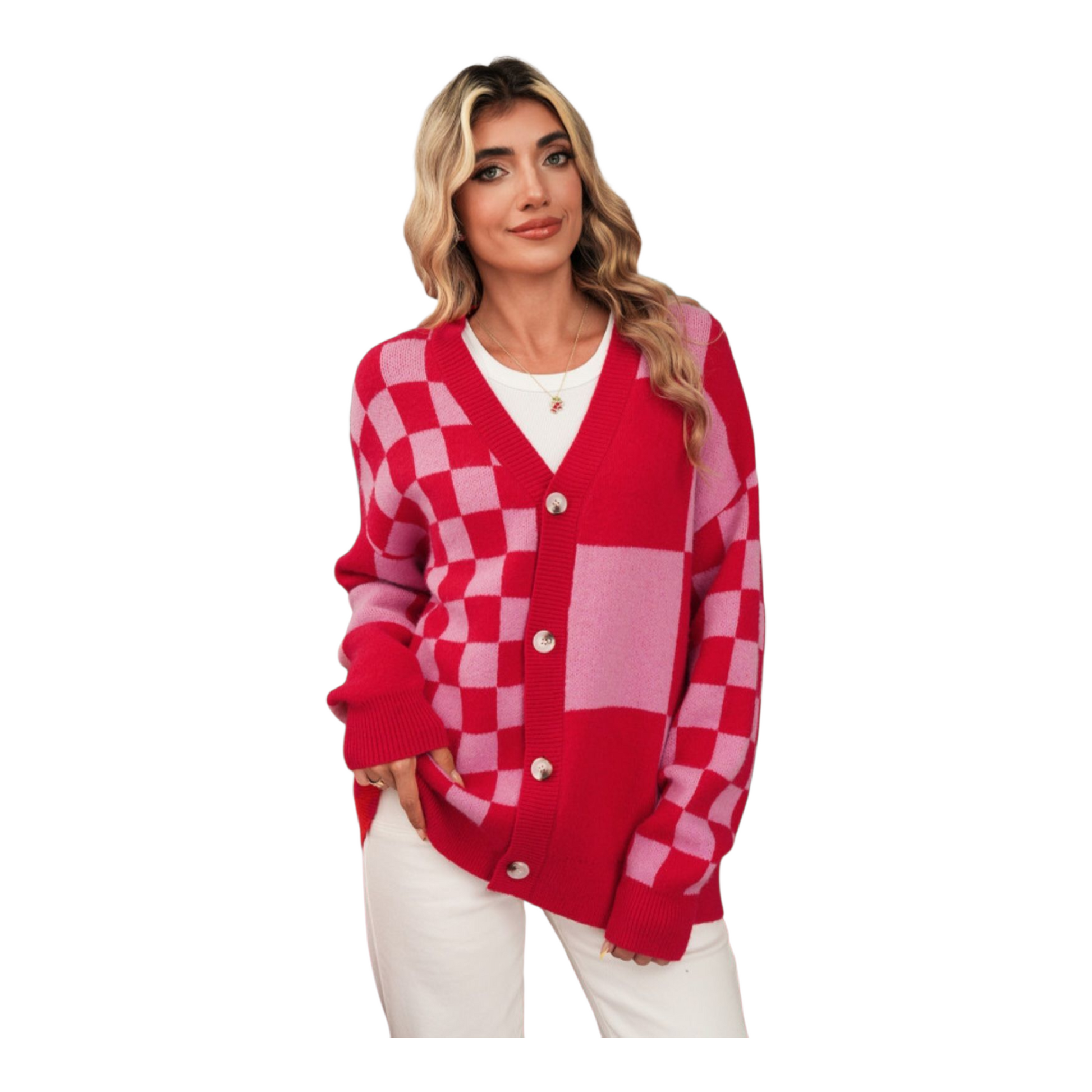 Woman wearing a red and pink checkered cardigan on a white background