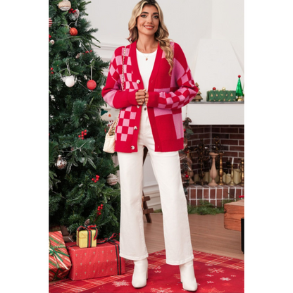 Colourblock Checkered Knit Cardigan