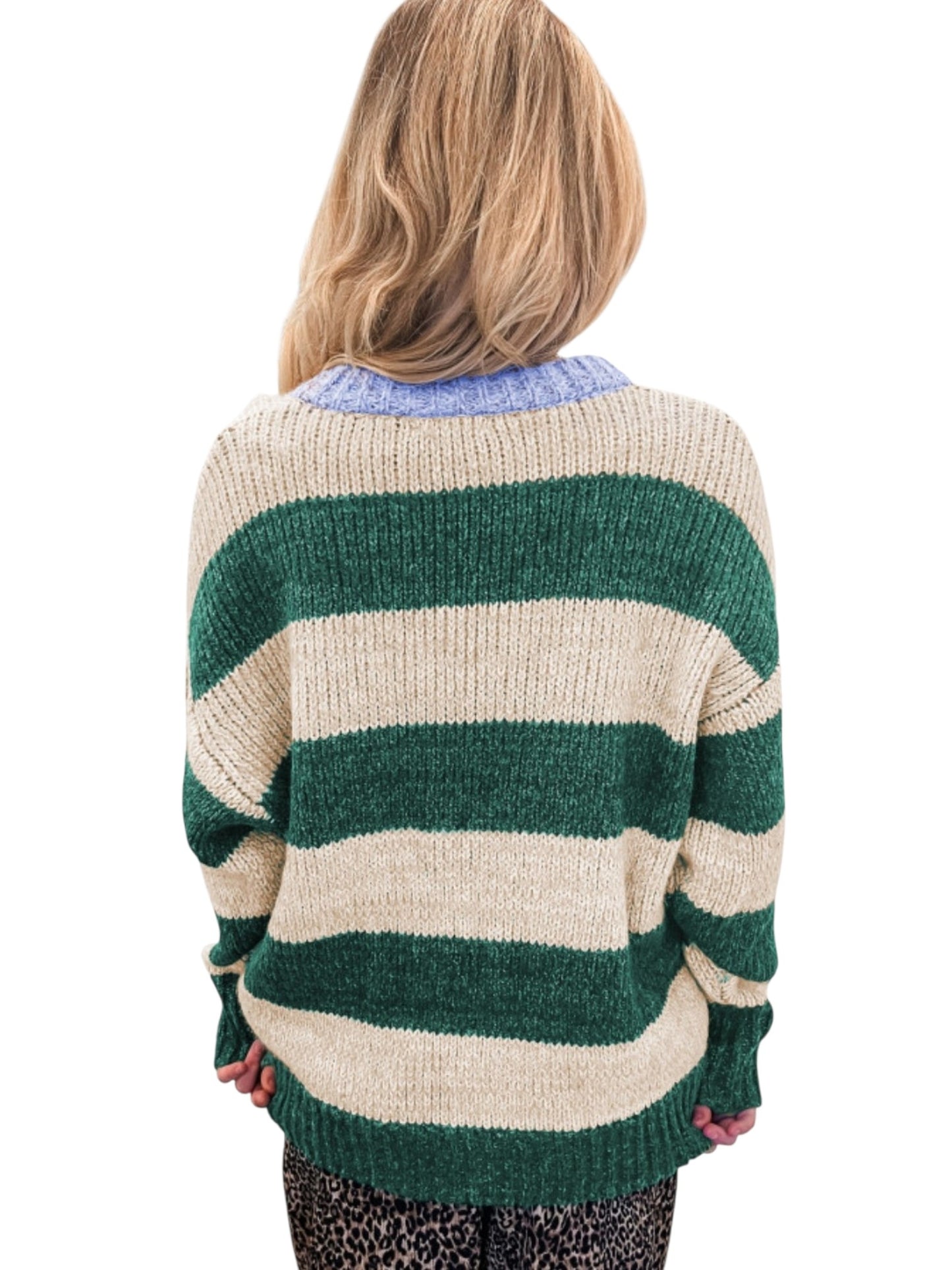 A woman viewed from behind wearing a chunky knit sweater with horizontal stripes in forest green and cream, featuring a light blue ribbed collar.