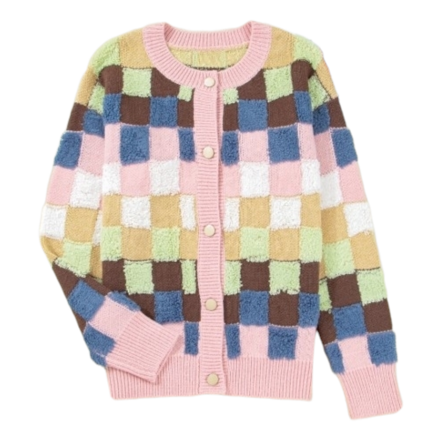 Colorful checkered cardigan with pink trim on a white background