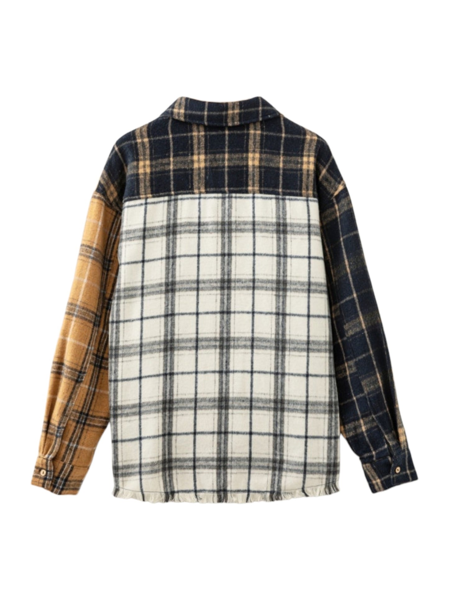 A long-sleeve plaid shirt jacket shown from the back, featuring a cream and black grid pattern on the main body, dark navy plaid on the upper back and collar, and mustard yellow plaid on the sleeves.