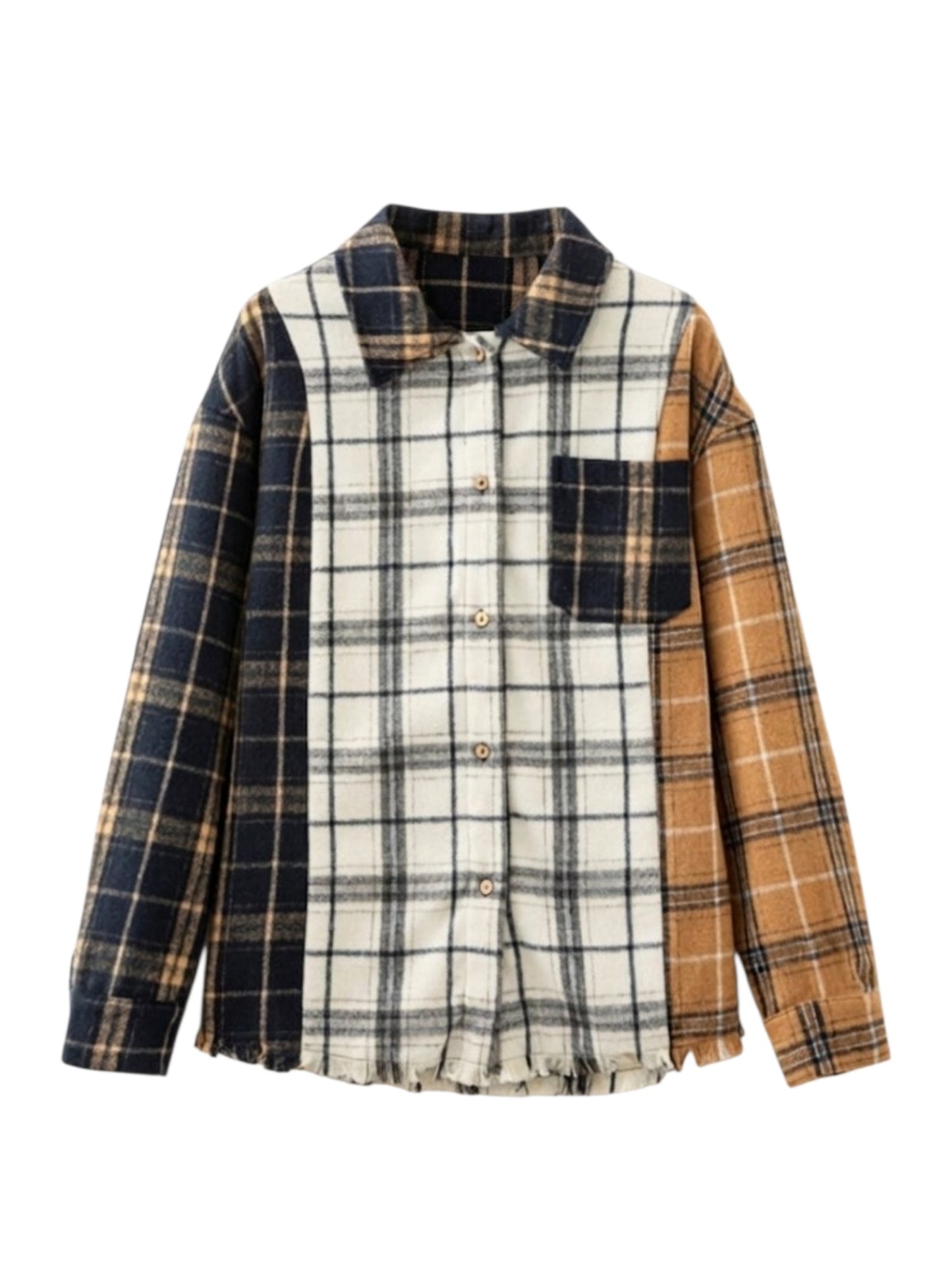 A long-sleeve patchwork plaid button-up shirt with a navy blue, beige, and brown plaid design, featuring a collar and a chest pocket, shown against a plain white background.