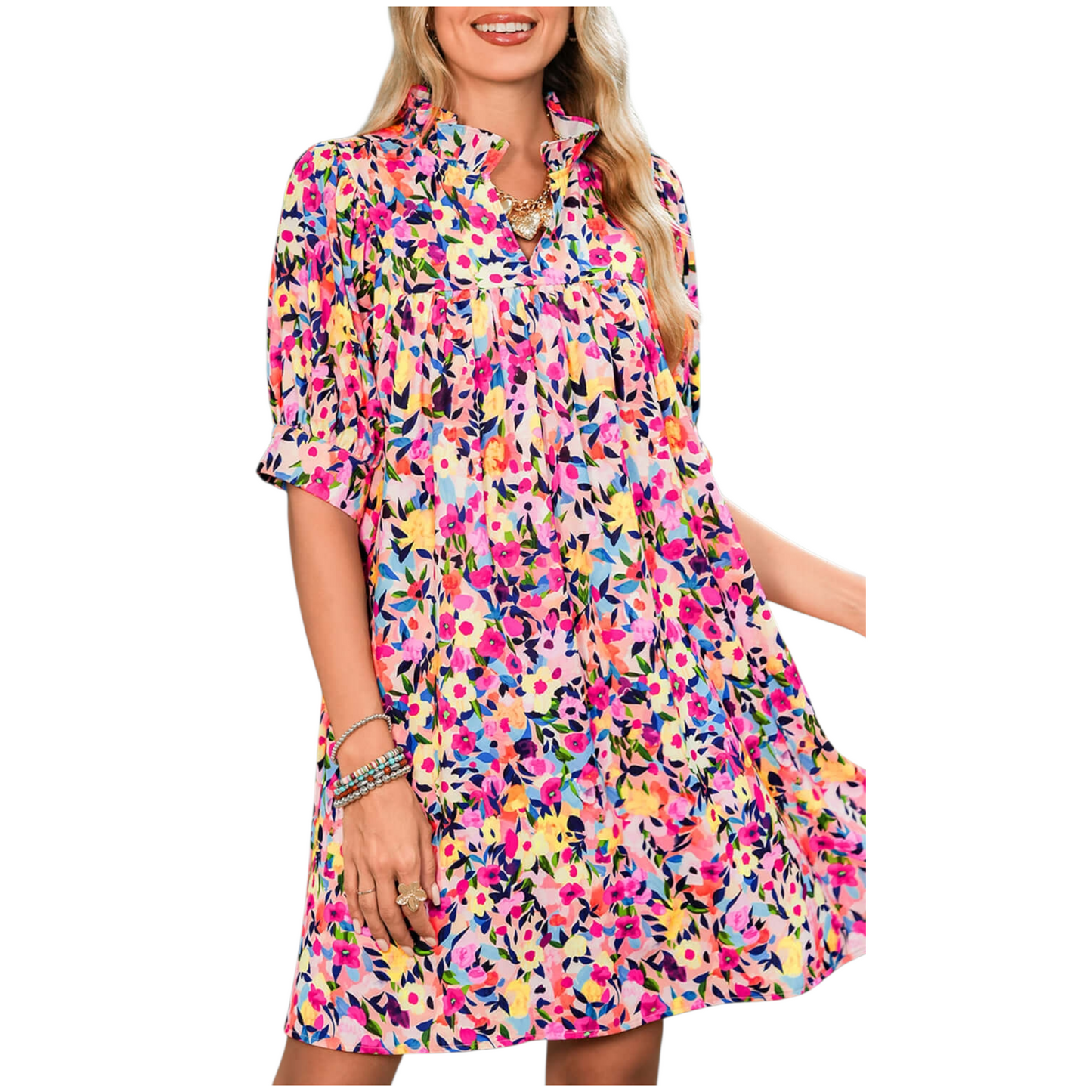 A woman wearing a lilac floral smocked maxi dress featuring a square neckline, short puff sleeves, and a tiered skirt with an all-over purple botanical print.