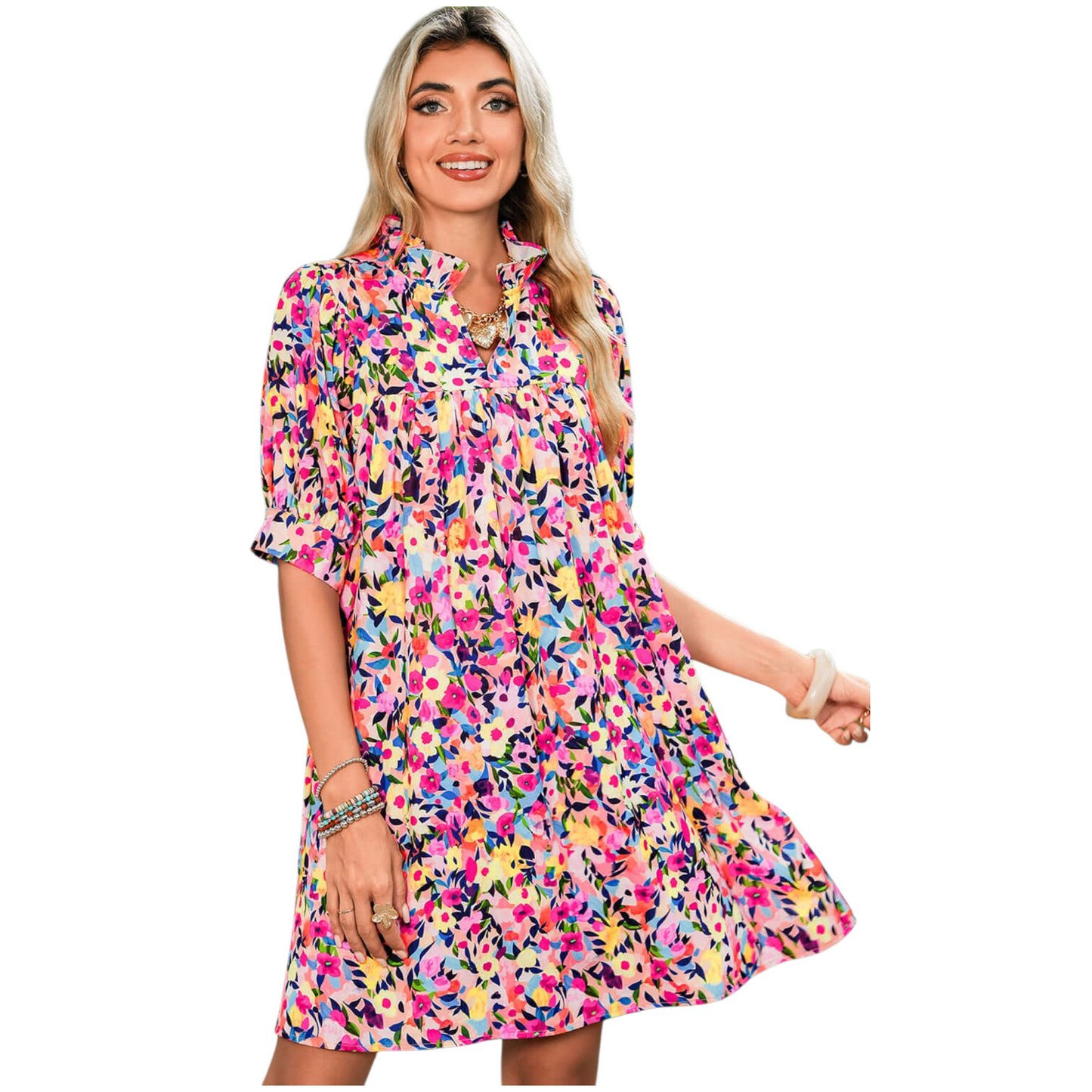 A woman wearing a lilac floral smocked maxi dress featuring a square neckline, short puff sleeves, and a tiered skirt with an all-over purple botanical print.