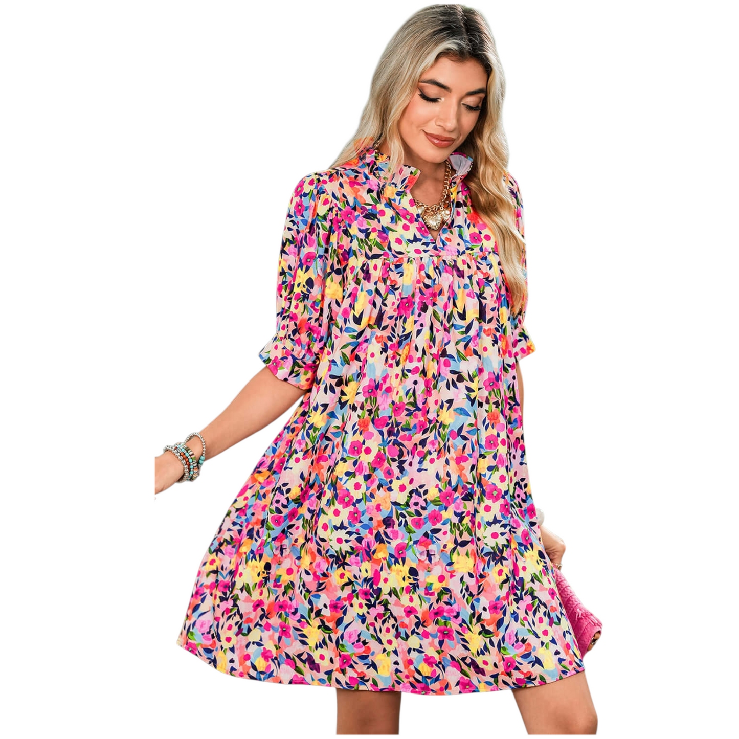 A woman wearing a lilac floral smocked maxi dress featuring a square neckline, short puff sleeves, and a tiered skirt with an all-over purple botanical print.