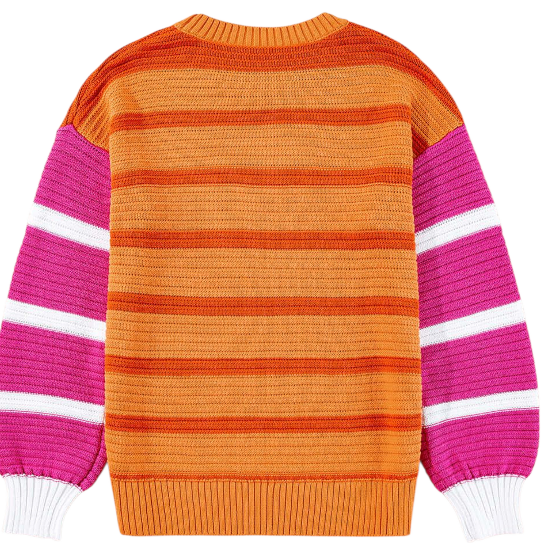 Colorful striped sweater with orange, pink, and white stripes on a white background