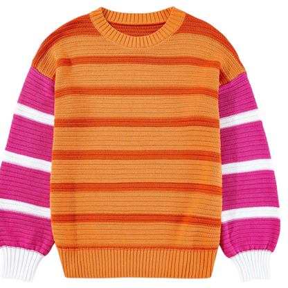 Colorful striped sweater with orange, pink, and white stripes on a white background