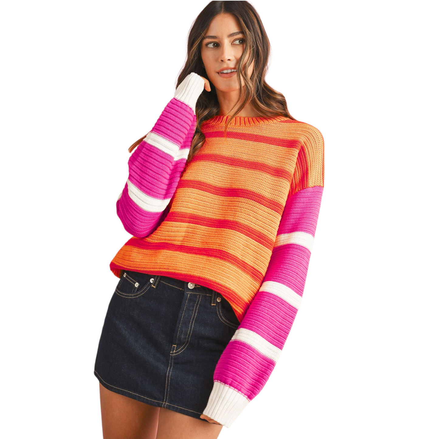 Woman wearing a colorful striped sweater on a white background