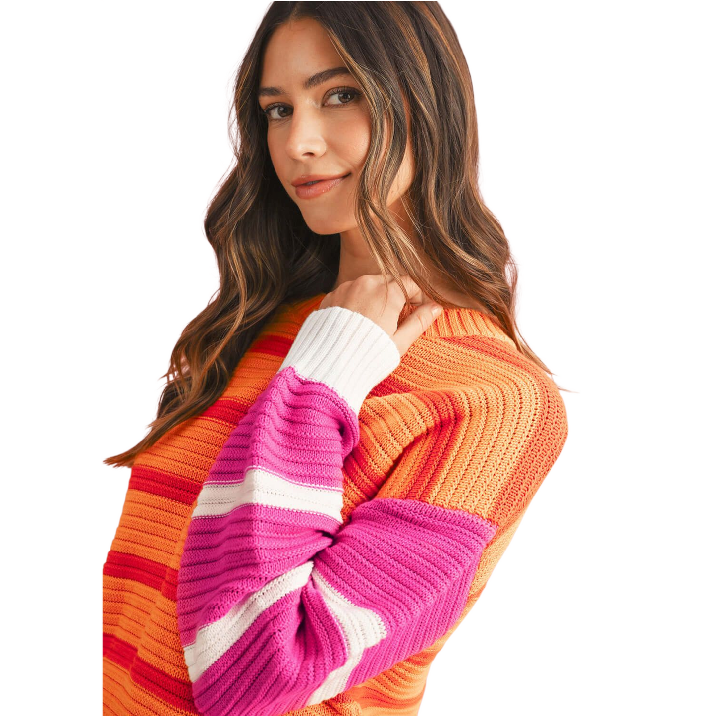 Woman wearing a colorful striped sweater on a white background