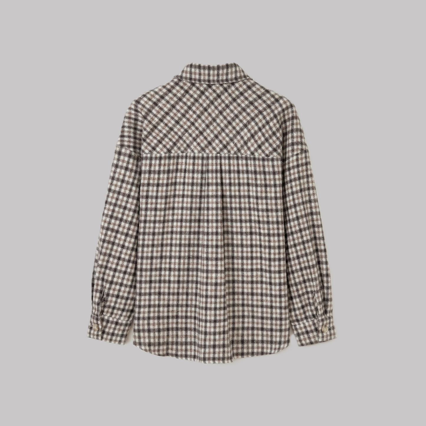 Rear flat lay view of a check-patterned shacket, showing the classic collar and back yoke detail.