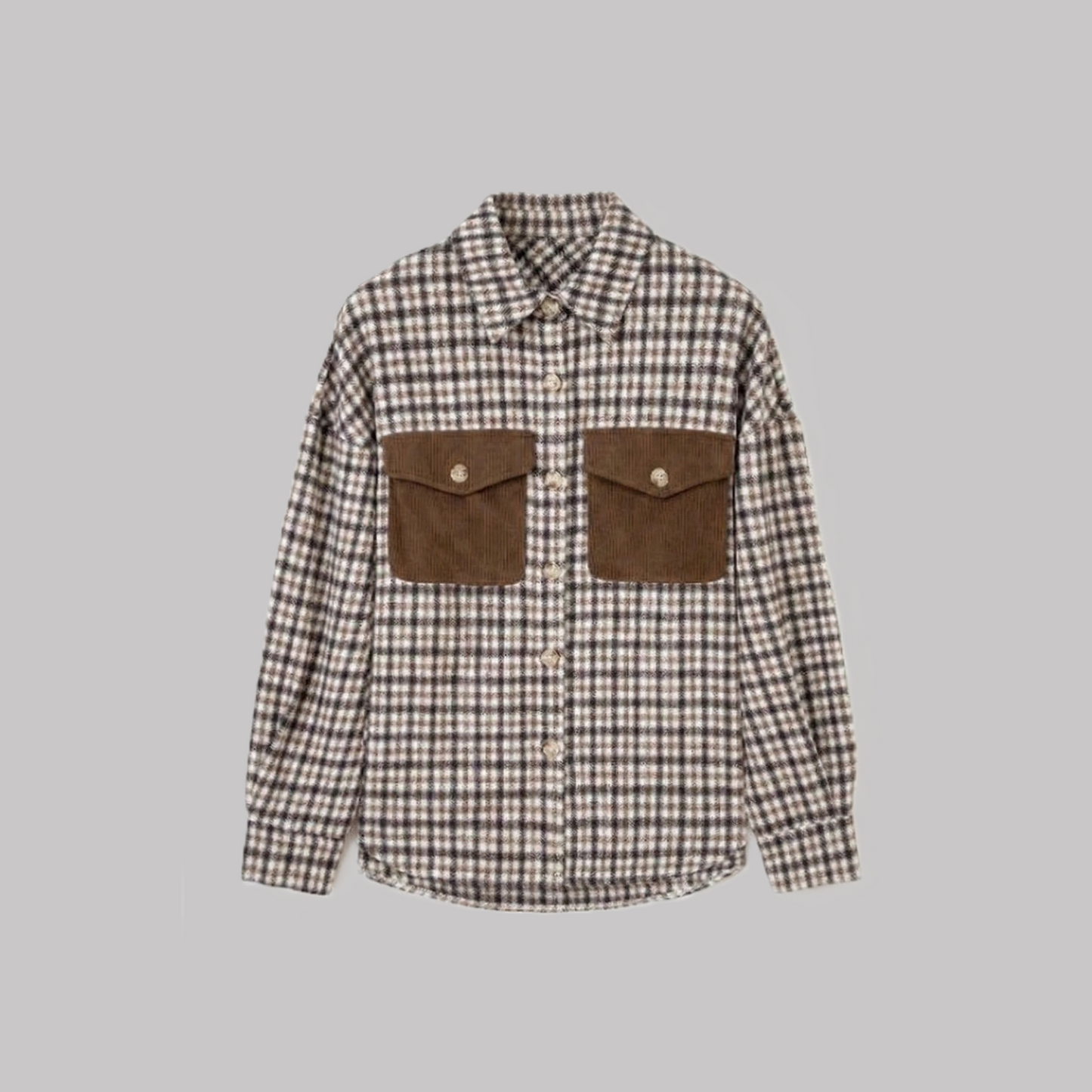 Front flat lay of a checked shacket featuring two large dark brown corduroy chest pockets and button-down closure.