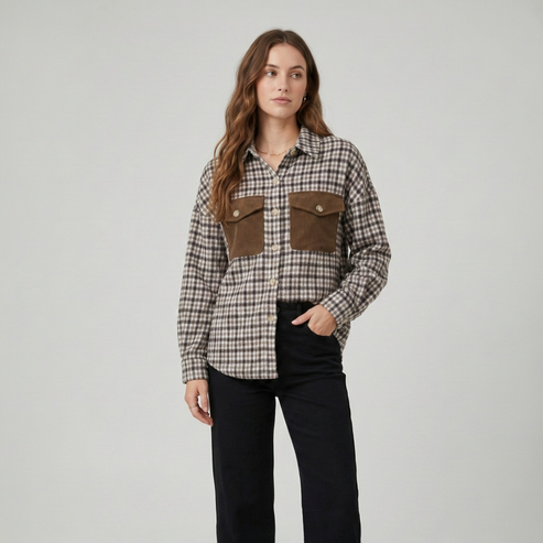Close-up view of a brown and tan patchwork shacket, featuring button-down detailing, utility pockets, and a mix of houndstooth and cable-knit textures.