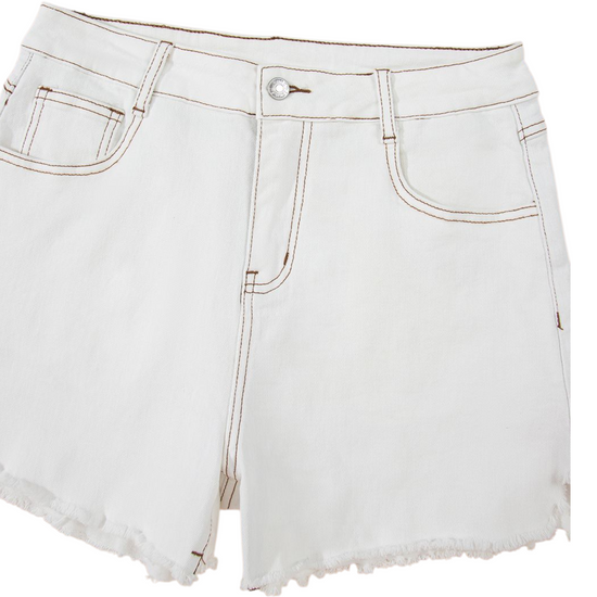 White denim shorts on a white background