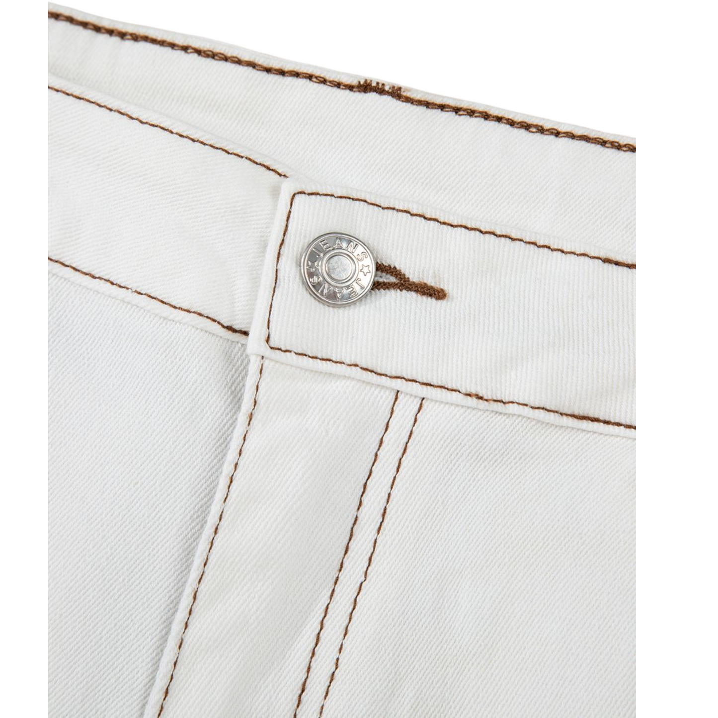 Close-up of a white denim button with stitching details on a white background