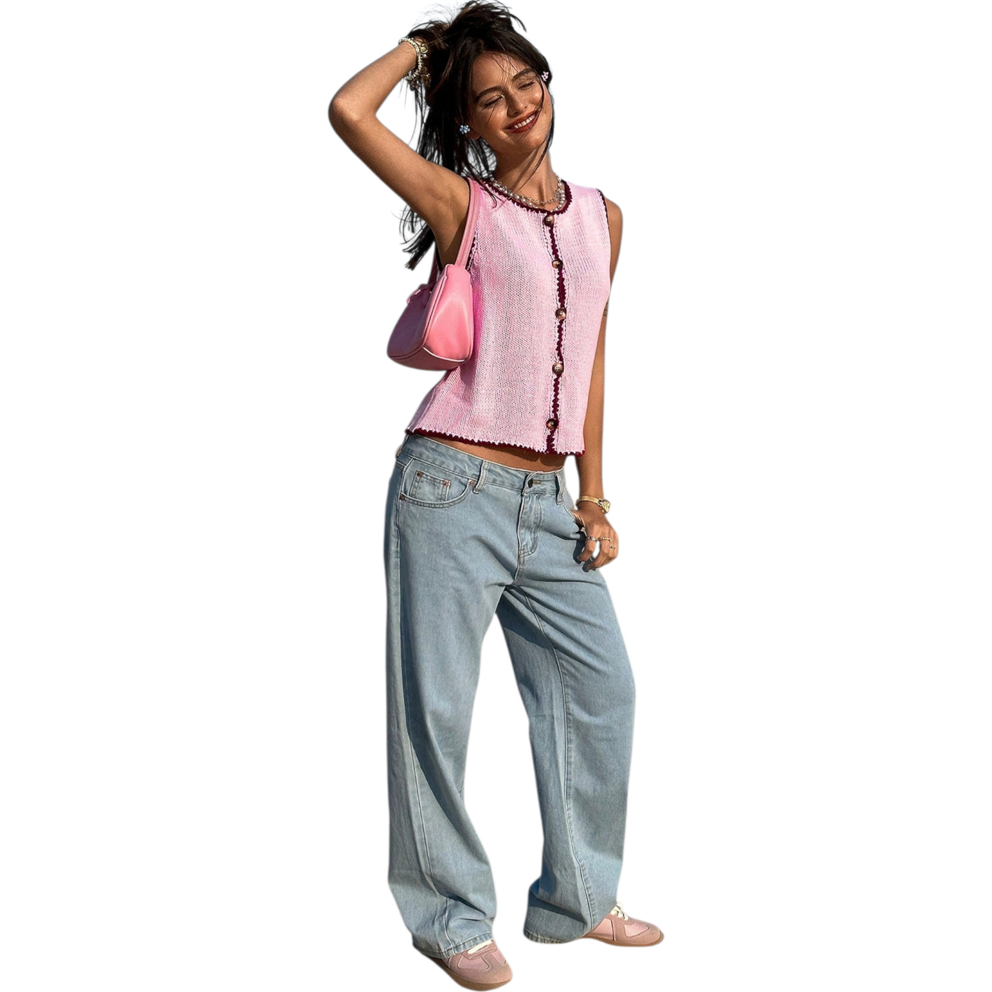 Woman wearing a pink sleeveless top and light blue jeans, holding a pink handbag on a white background