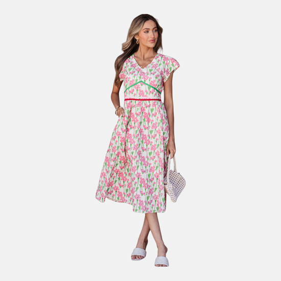 Contrast Trim Floral Cotton Midi Dress